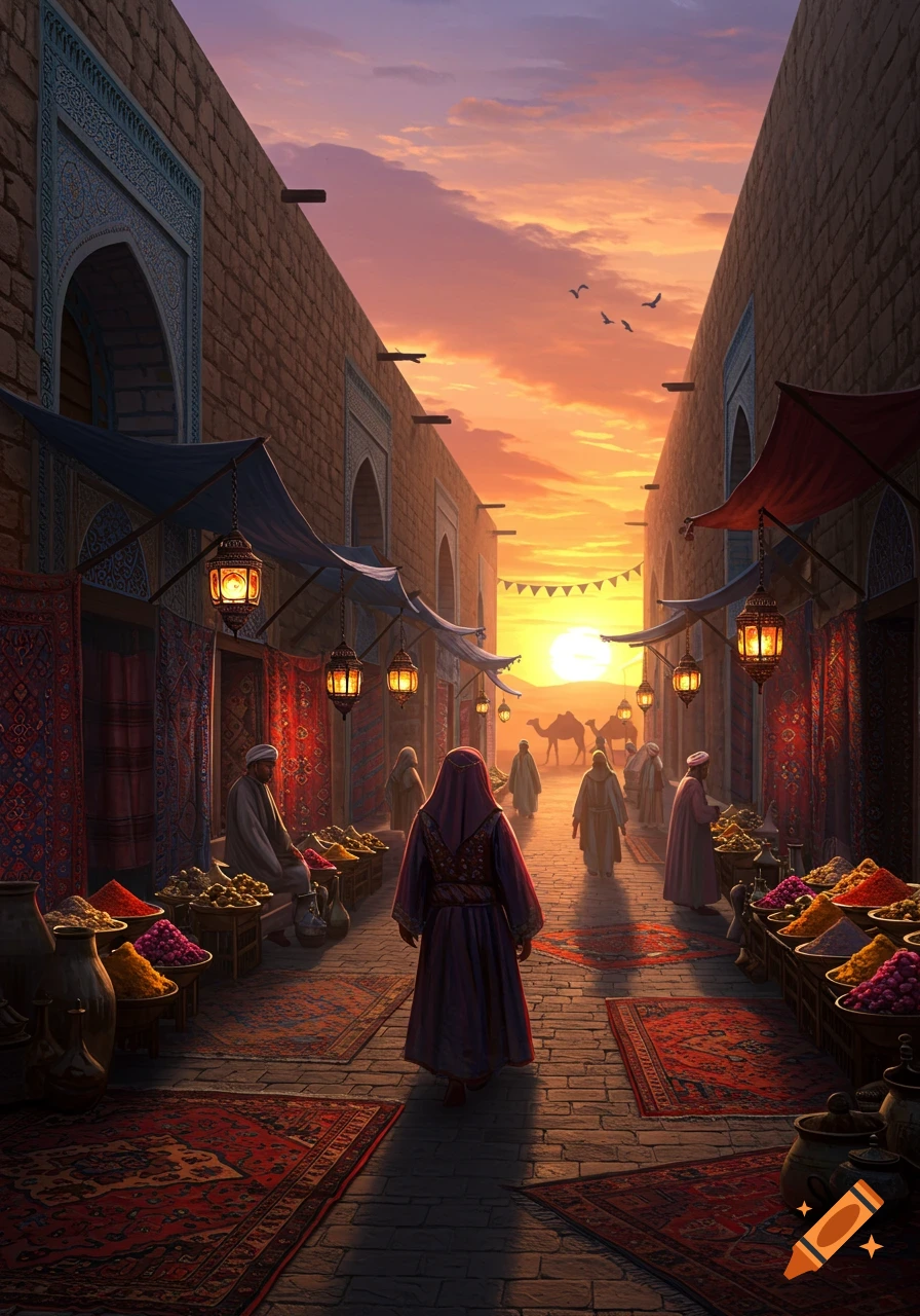 A vibrant market scene at sunset in a Middle Eastern town with people, stalls of spices and rugs, and camels in the distance.