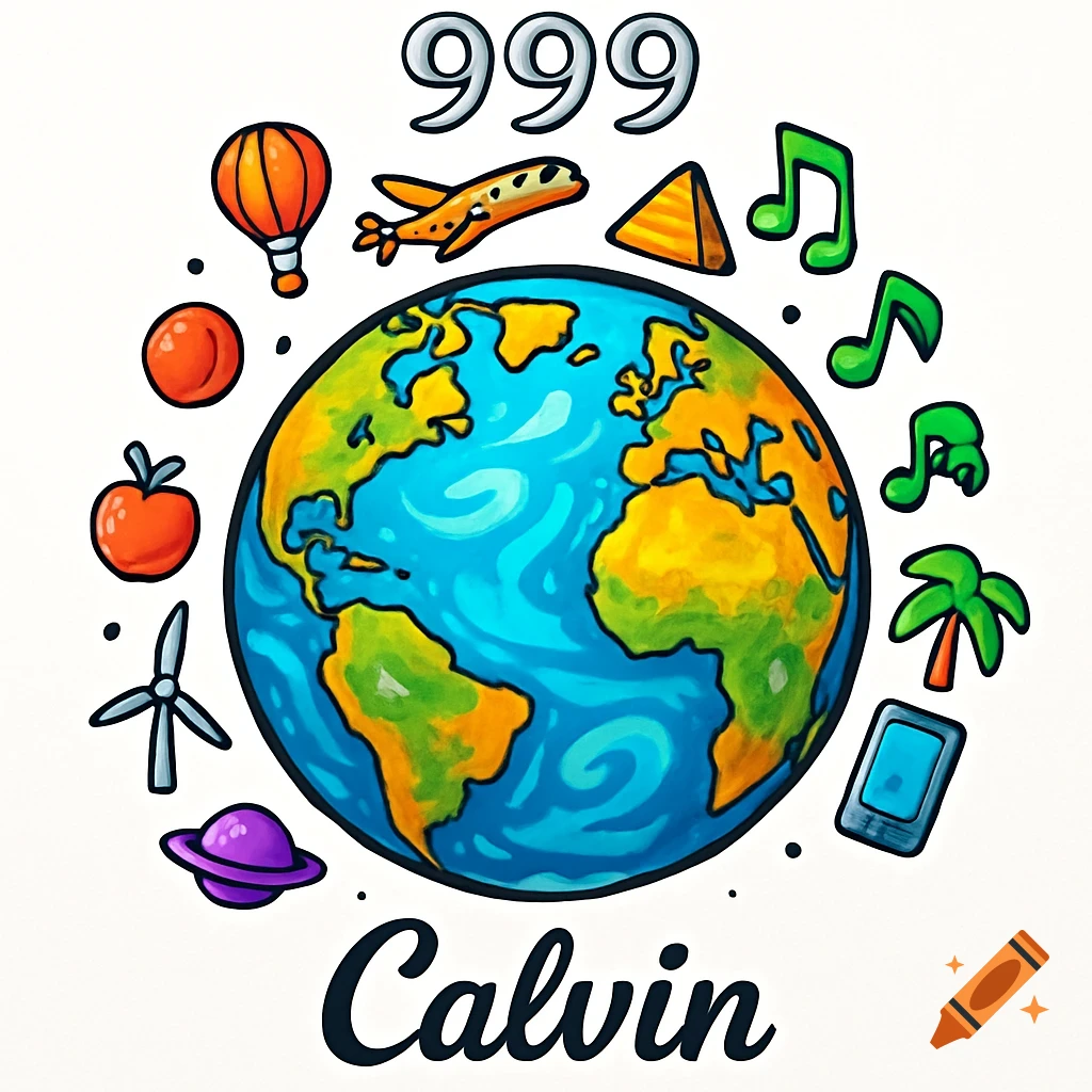 A colorful cartoon illustration of Earth with '999' above and 'Calvin' below, surrounded by various small icons.