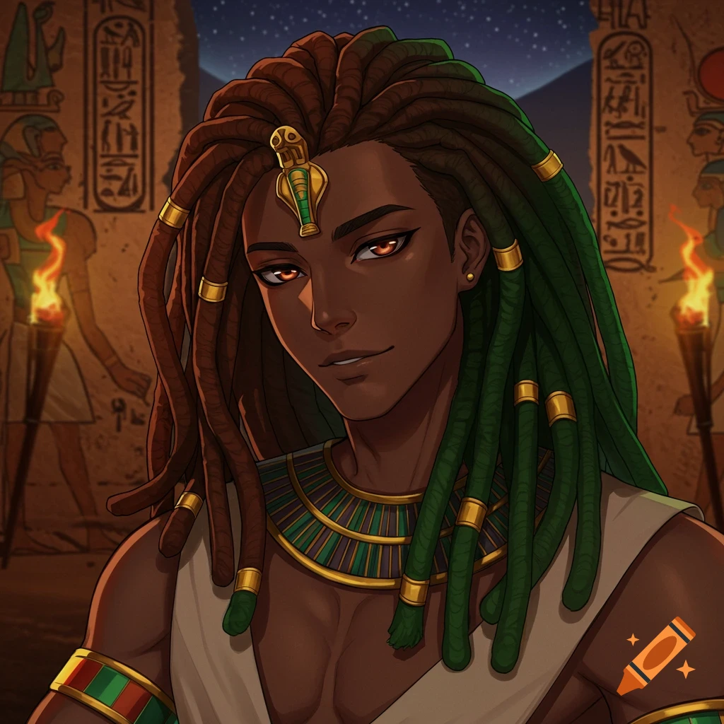 An anime-style dark-skinned man with brown and green dreadlocks and Egyptian attire stands against a desert night backdrop with hieroglyphic pillars.