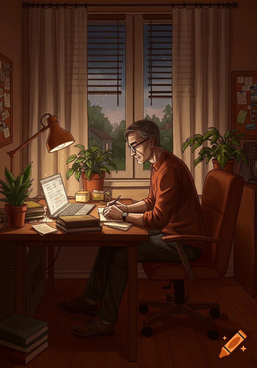 An illustrated scene of an older man working at a desk in a cozy home office at dusk, writing in a notebook while looking at a laptop.