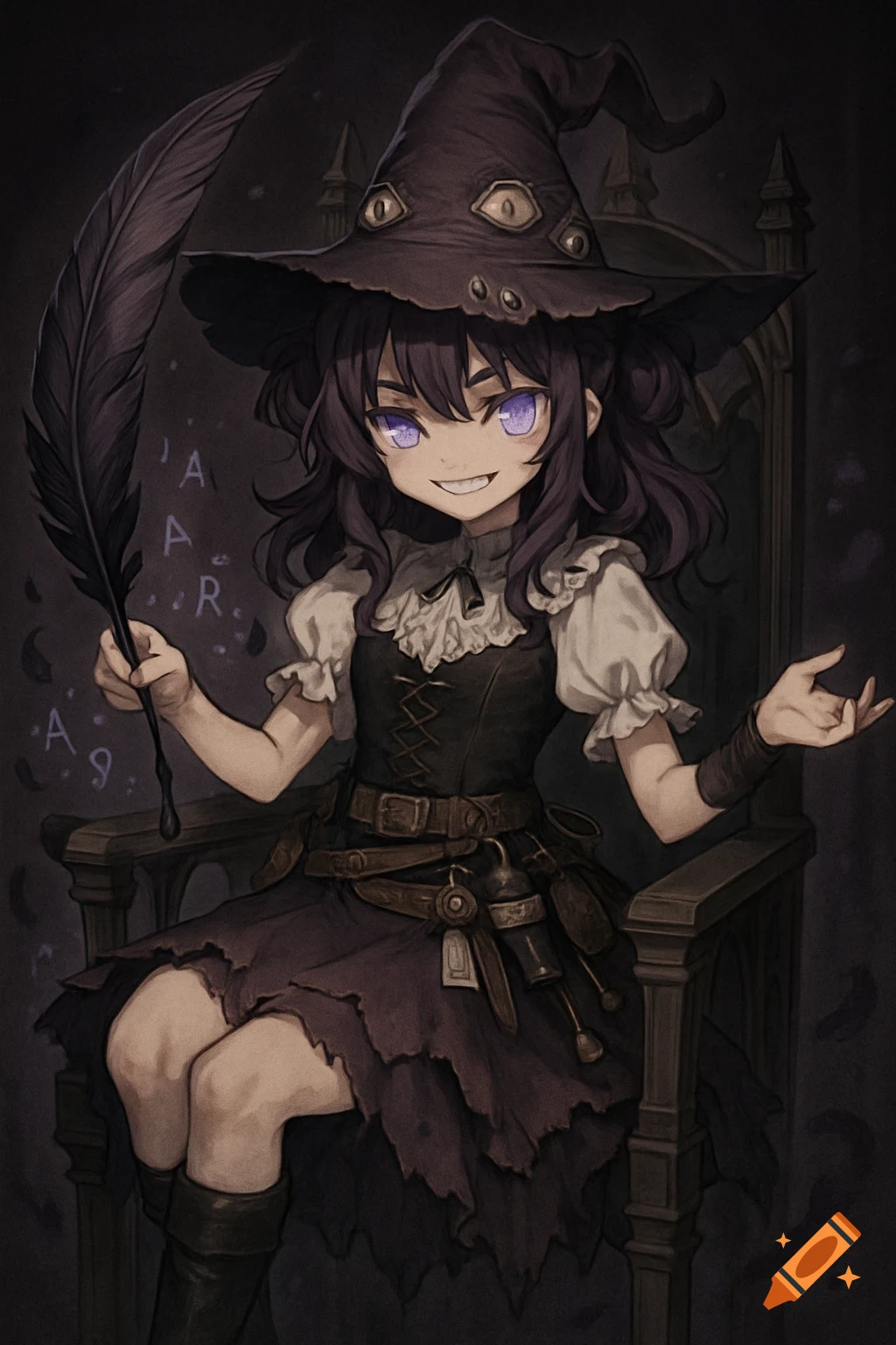 Anime witch with a wicked grin, violet eyes, and a jagged hat with eyes, holding a giant quill while sitting on a gothic throne.