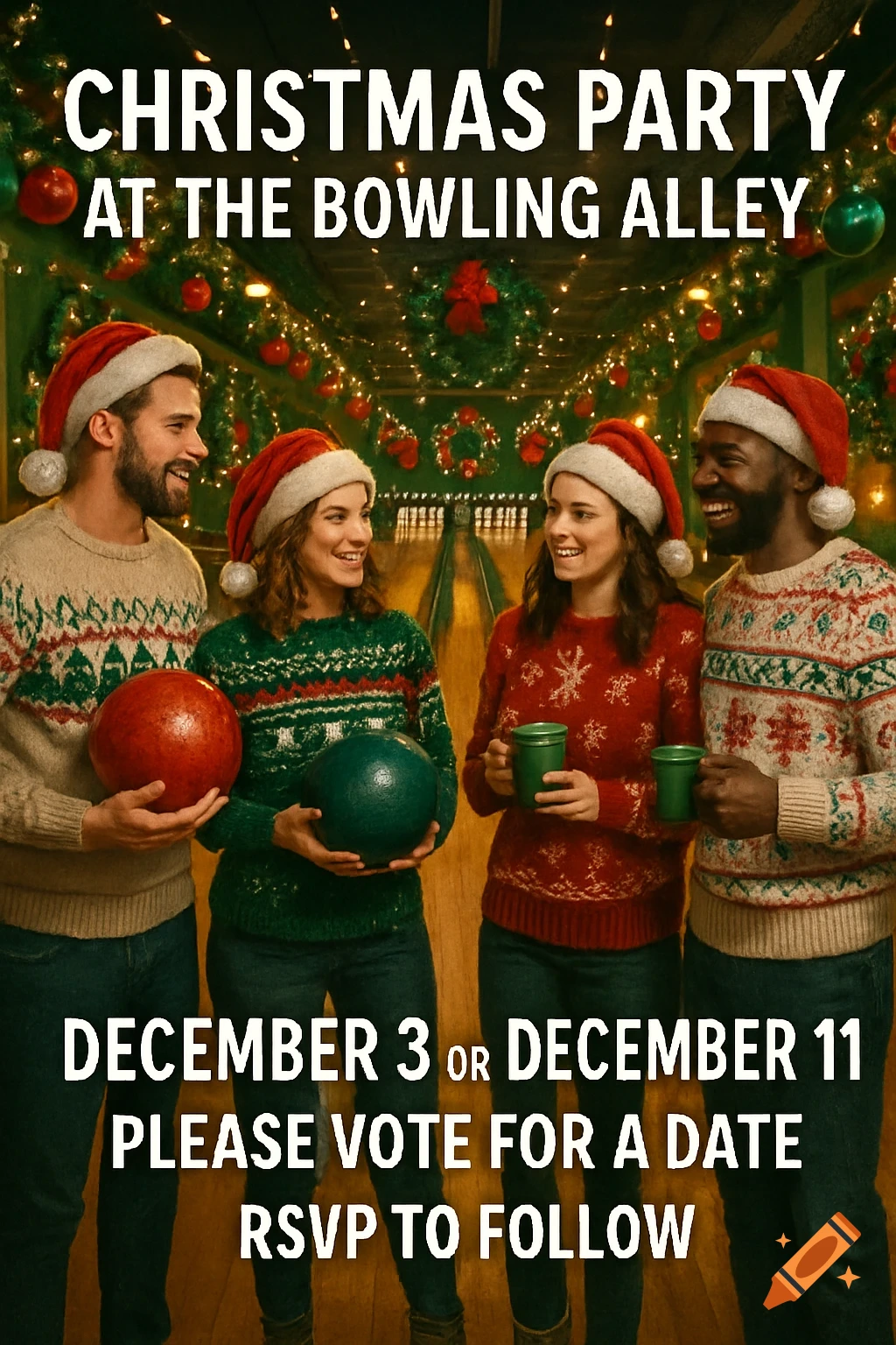 Four smiling people in Santa hats and Christmas sweaters hold bowling balls and mugs at a festive bowling alley with party invitation text.