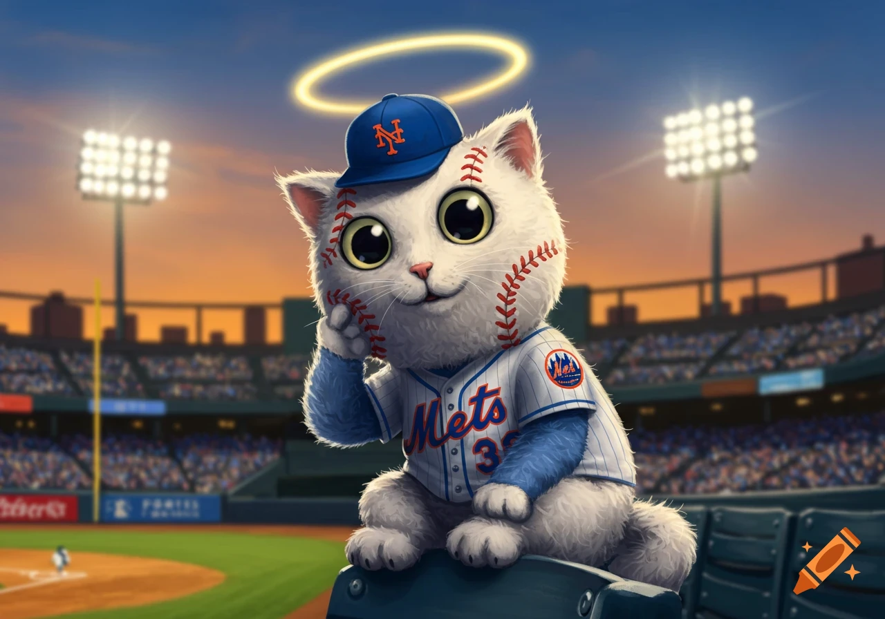 A cute white cartoon cat with baseball stitching, wearing a blue New York Mets uniform and cap, sits in a stadium seat with a golden halo above its head at sunset.