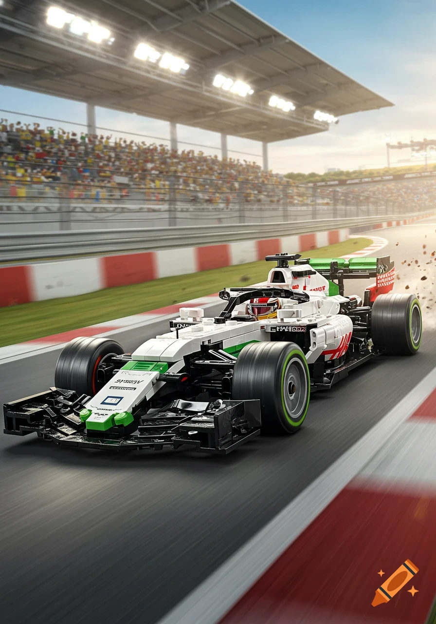 A white, green, and red Lego Formula 1 race car speeds on a track past crowded grandstands under a bright sky.