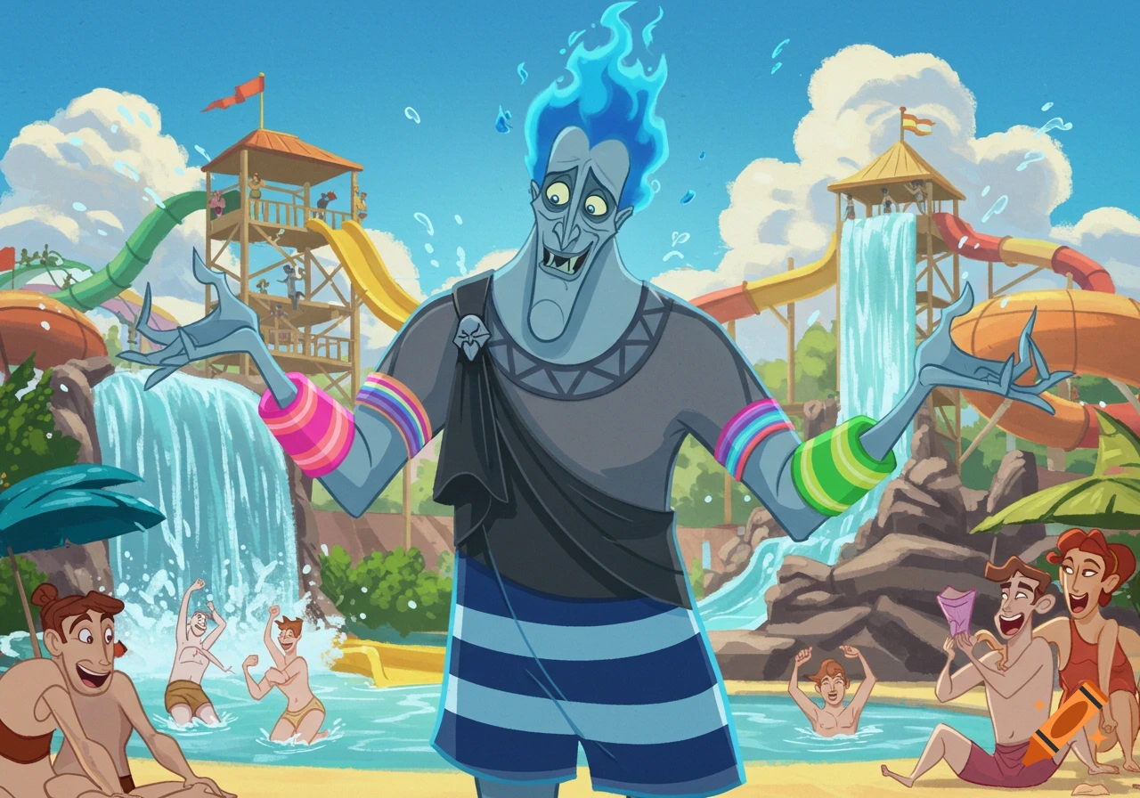 Cartoon Hades from Disney's Hercules shrugging in a striped bathing suit and armbands at a vibrant waterpark.