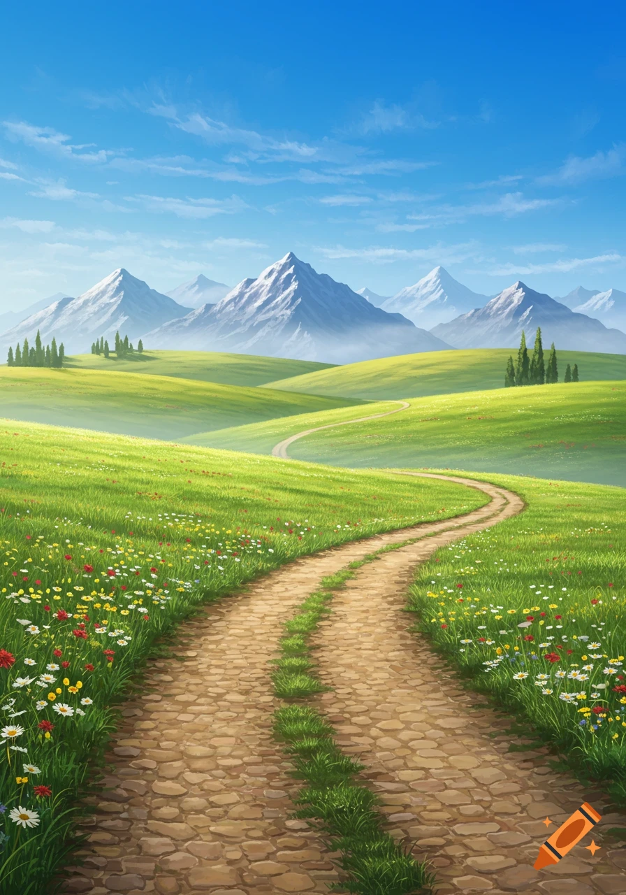 A winding stone path through a vibrant green meadow with wildflowers ...