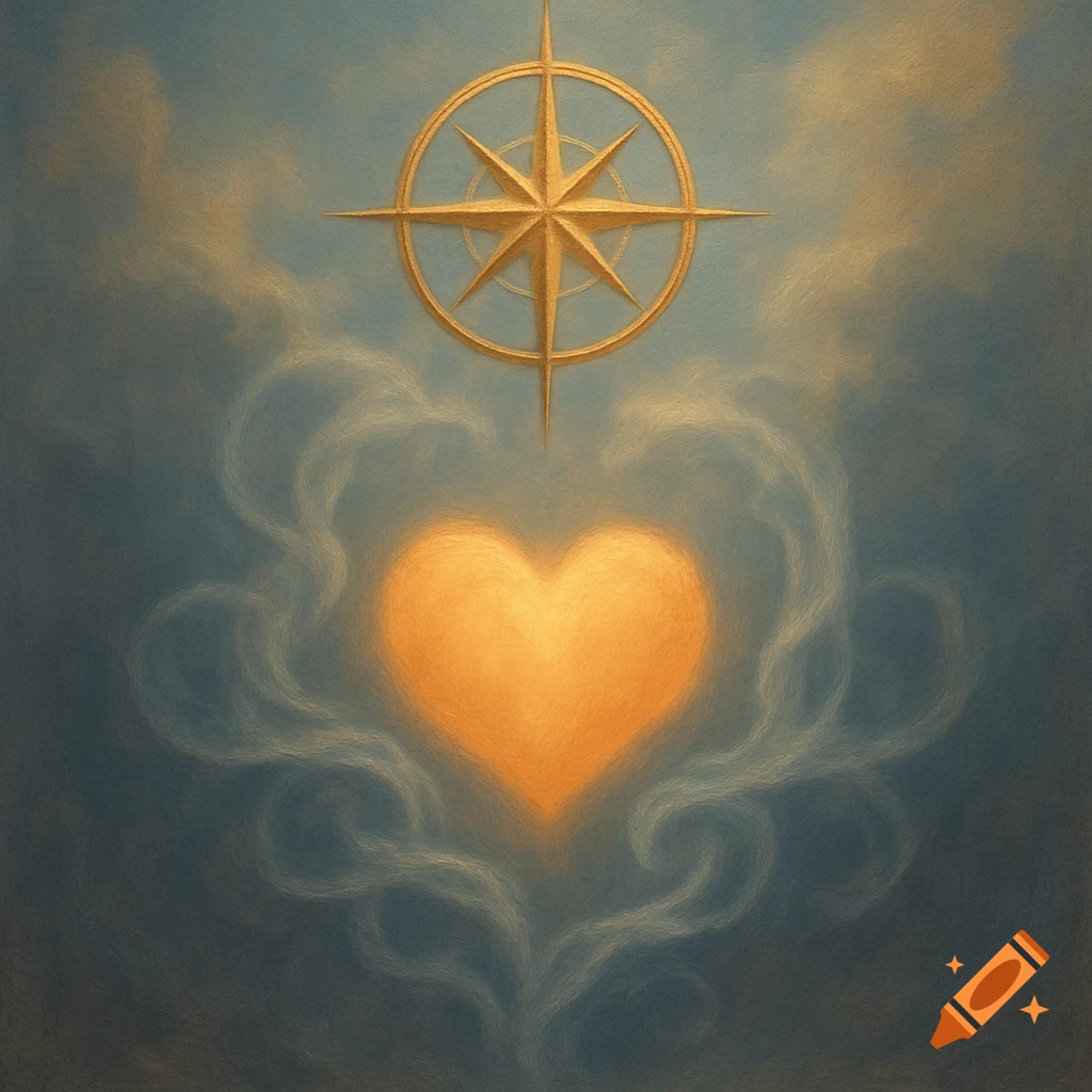 A golden compass rose above a glowing orange heart with ethereal clouds on a blue, painterly background.