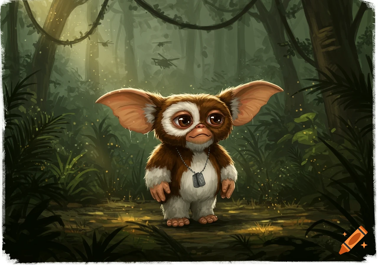 An illustrated Gizmo from Gremlins, wearing dog tags, stands in a lush, sun-dappled jungle with faint helicopters.