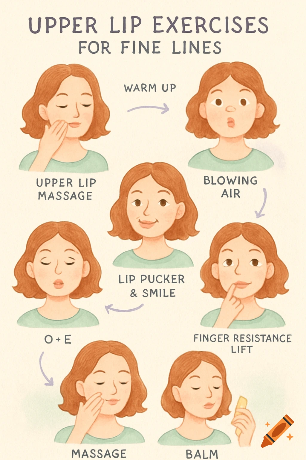 An illustration showing seven steps for upper lip exercises to reduce fine lines, including massage, blowing air, lip pucker and smile, O+E, finger resistance lift, and applying balm. The style is soft, watercolor, and cozy.