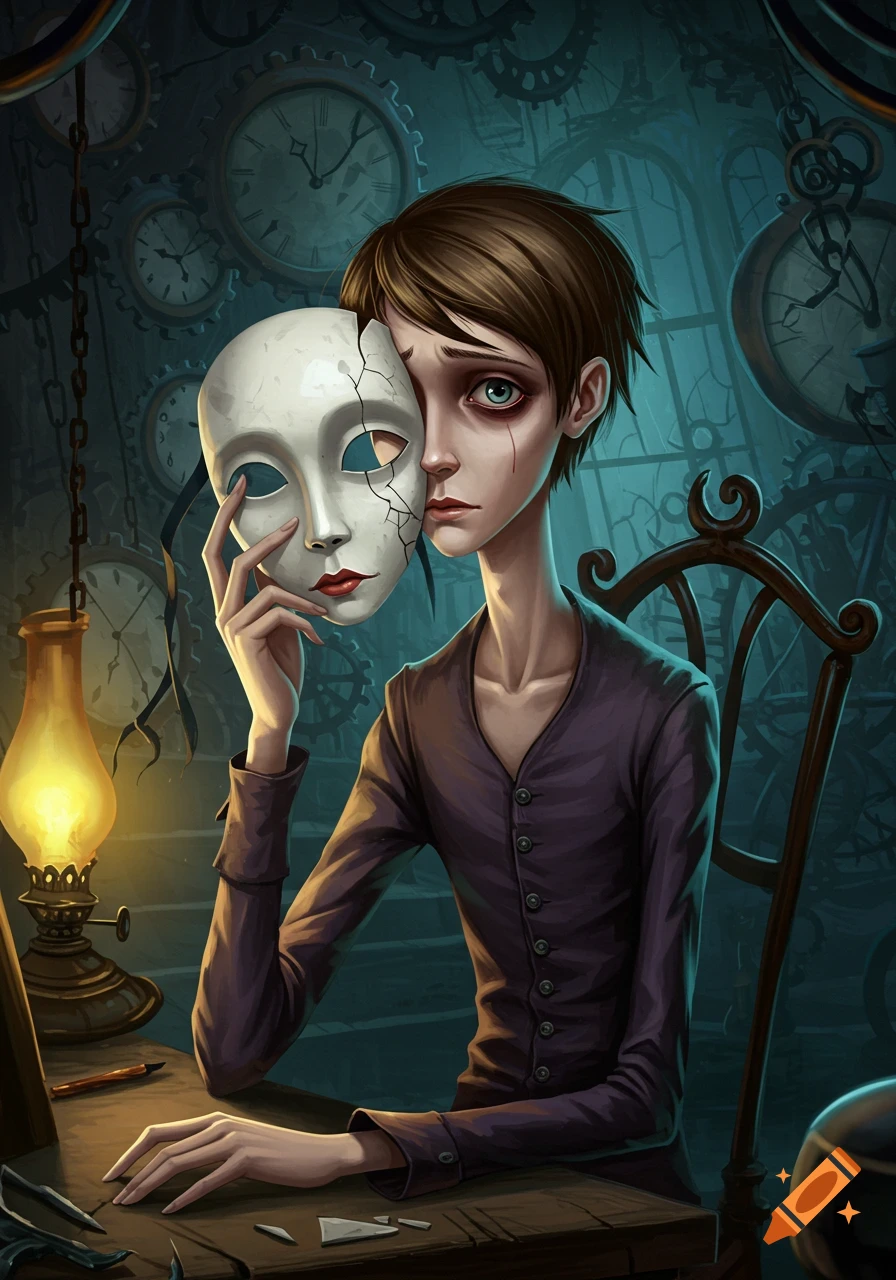 A melancholy young man in Tim Burton style holds a cracked mask, revealing his sad face in a gothic workshop with clocks and gears.