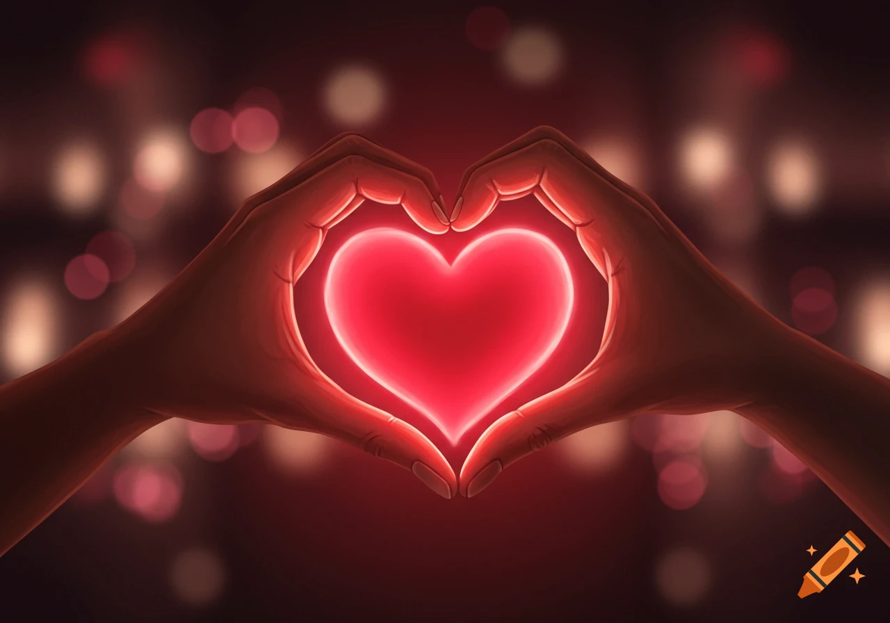 Two hands forming a glowing red heart against a dark, bokeh background.
