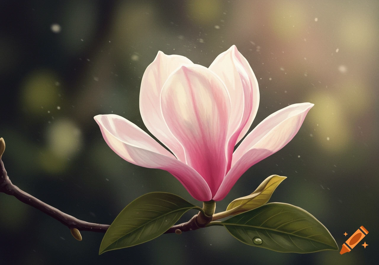 A vibrant pink and white magnolia flower with green leaves on a branch, softly lit against a dark, blurry background.