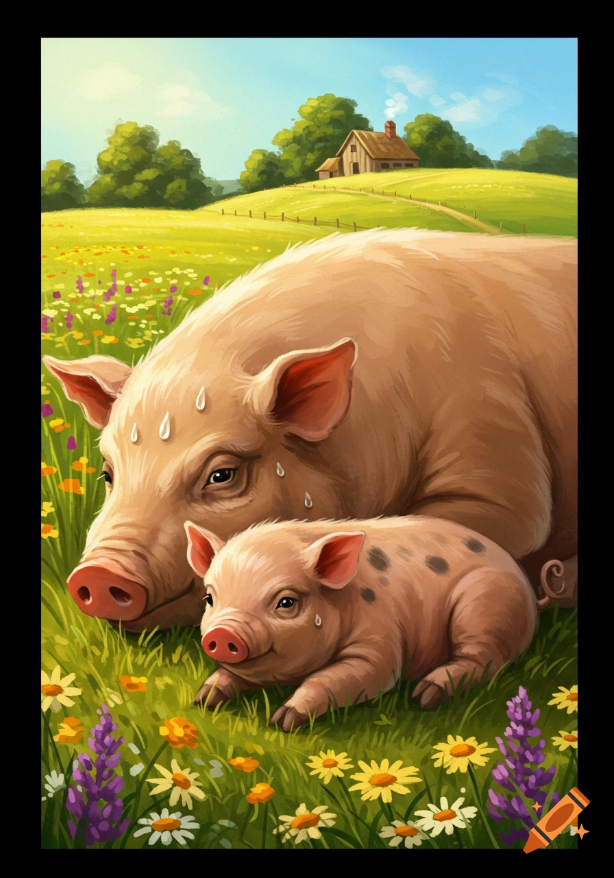 An illustration of a mother pig and her piglet in a sunny field of colorful wildflowers, with a farmhouse on a hill in the background.