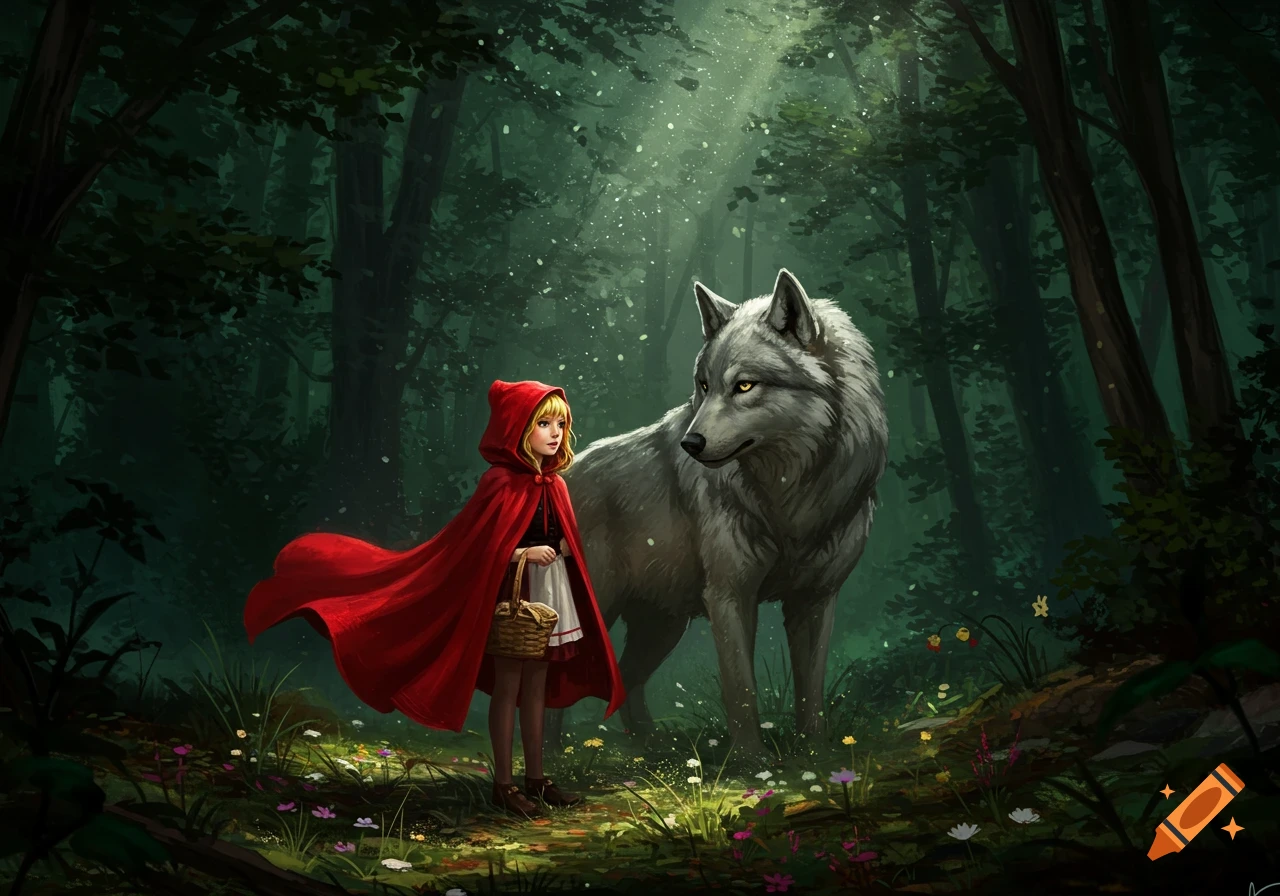 A young girl in a red cloak and a large grey wolf stand in a magical forest clearing with light filtering through the trees.