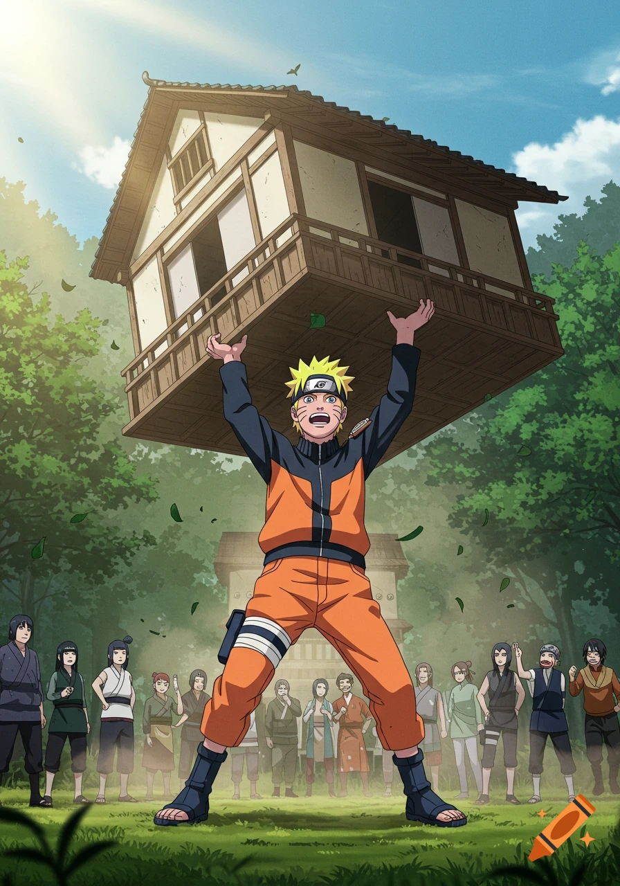 Anime illustration of Naruto in orange and blue uniform, lifting a traditional Japanese house overhead as others watch in a forest.