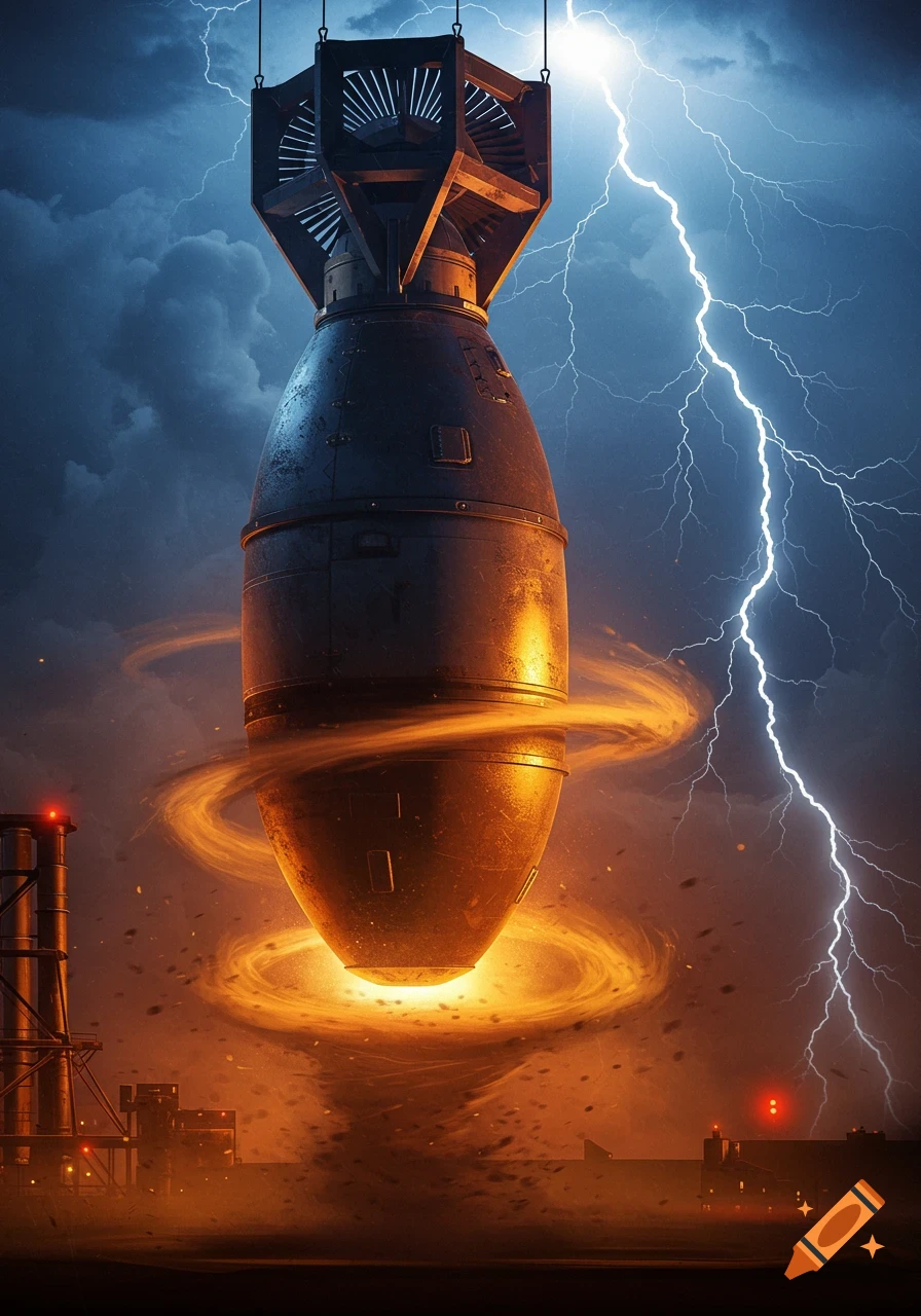 A large dark atomic bomb with a turbine top, surrounded by glowing orange energy, hangs under a stormy sky with lightning.