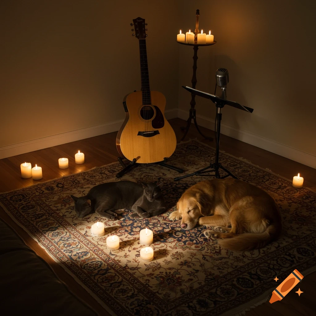 A golden retriever and two gray cats sleep among lit candles on a patterned rug, with an acoustic guitar and microphone in the background.