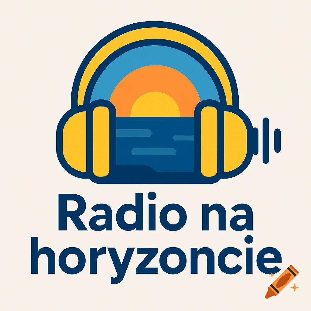 Minimalist logo with yellow headphones over a blue and orange sunset/sunrise scene, with text 'Radio na horyzoncie'.