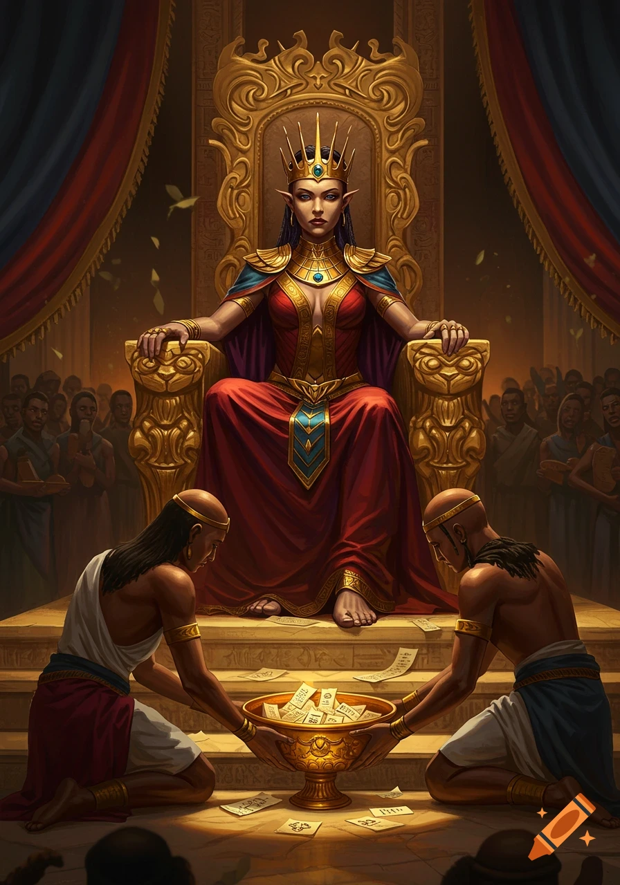An elf queen in a red gown sits on an ornate gold throne as two men kneel before her, presenting a bowl of paper slips in a grand hall.