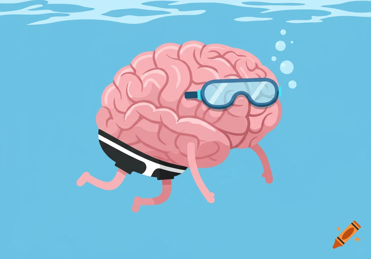 A cartoon brain wearing goggles and swim briefs, swimming underwater.