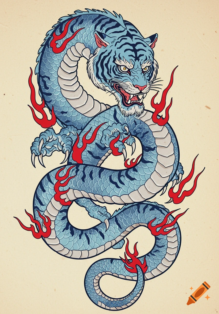 A blue tiger-dragon hybrid creature with dark stripes and scales, encircled by red flames, in a traditional Japanese tattoo art style.
