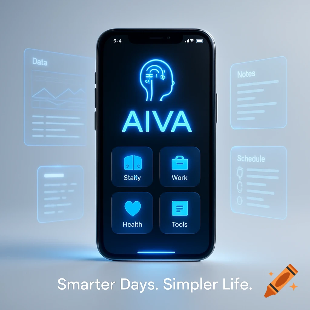 A sleek smartphone displays a glowing blue AI app interface named AIVA, with holographic data, notes, and schedule elements floating around it. The tagline reads 'Smarter Days. Simpler Life.'