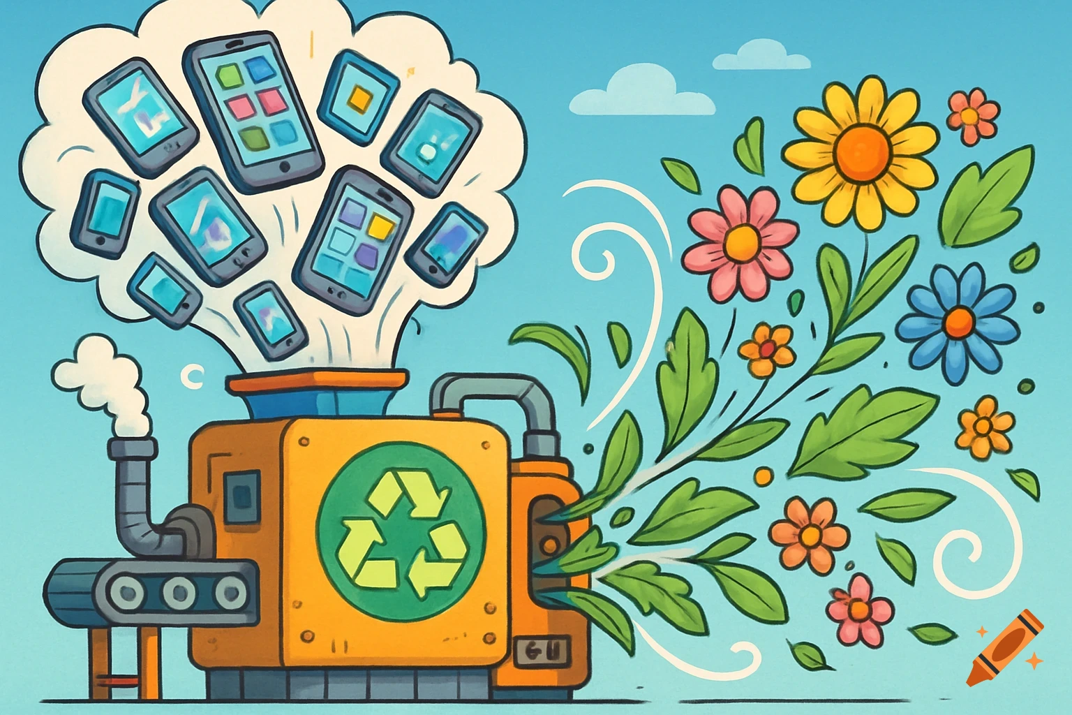 Cartoon machine recycling phones and tablets into flowers and leaves, symbolizing environmental conservation.