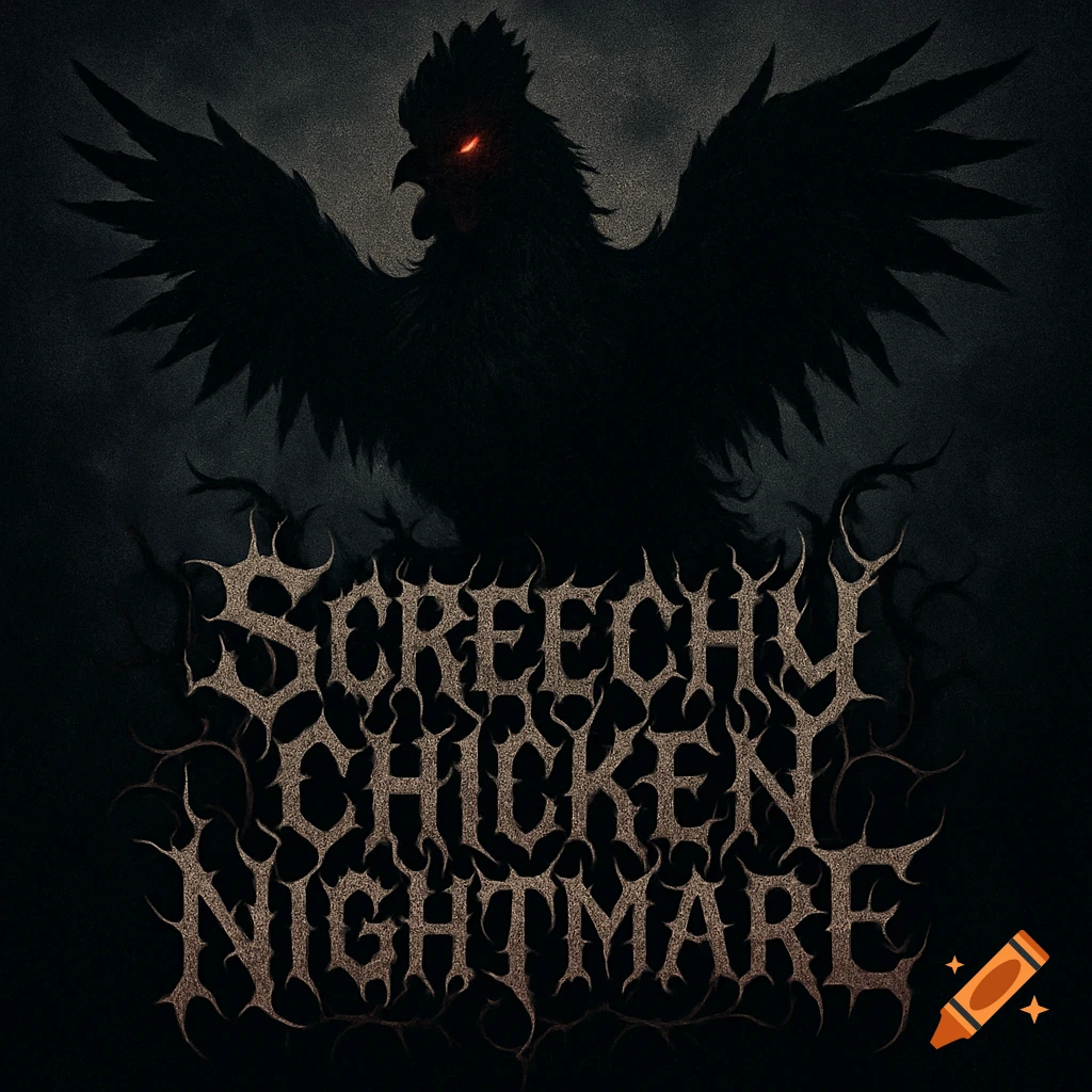 Dark black metal band logo featuring a menacing, shadowy rooster with red eyes, above jagged text 'Screechy Chicken Nightmare'.