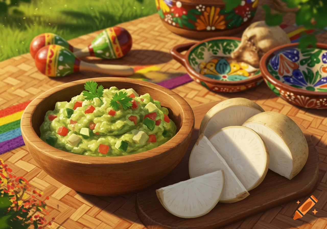 A close-up of a wooden bowl of guacamole with diced vegetables and cilantro, sliced jicama, and colorful maracas on a woven mat outdoors.