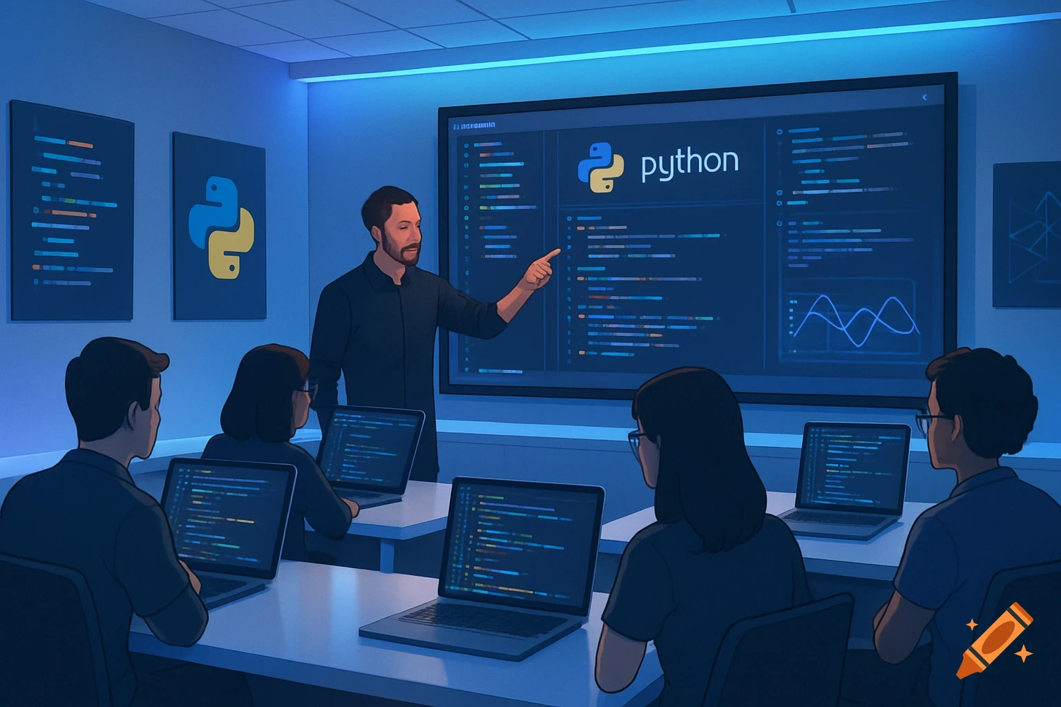 An instructor teaches a Python programming course to students in a classroom with laptops, in an illustrative style.