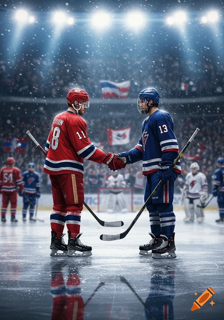 Two hockey players in red and blue jerseys shake hands on a snowy ice rink in a brightly lit stadium, showing sportsmanship.