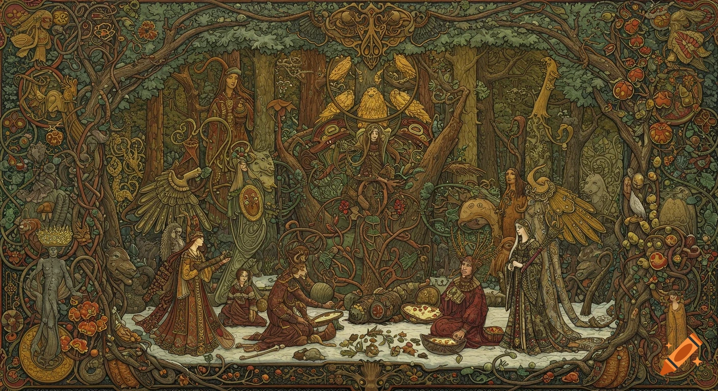 An intricate, stylized drawing of a forest gathering with figures, fantastic creatures, and rich flora, blending Russian and Salish motifs.