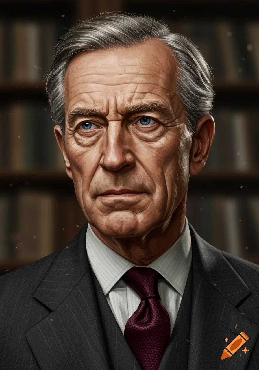 A detailed, realistic portrait of an elderly man with blue eyes and gray hair, wearing a dark suit and red tie, in a library.