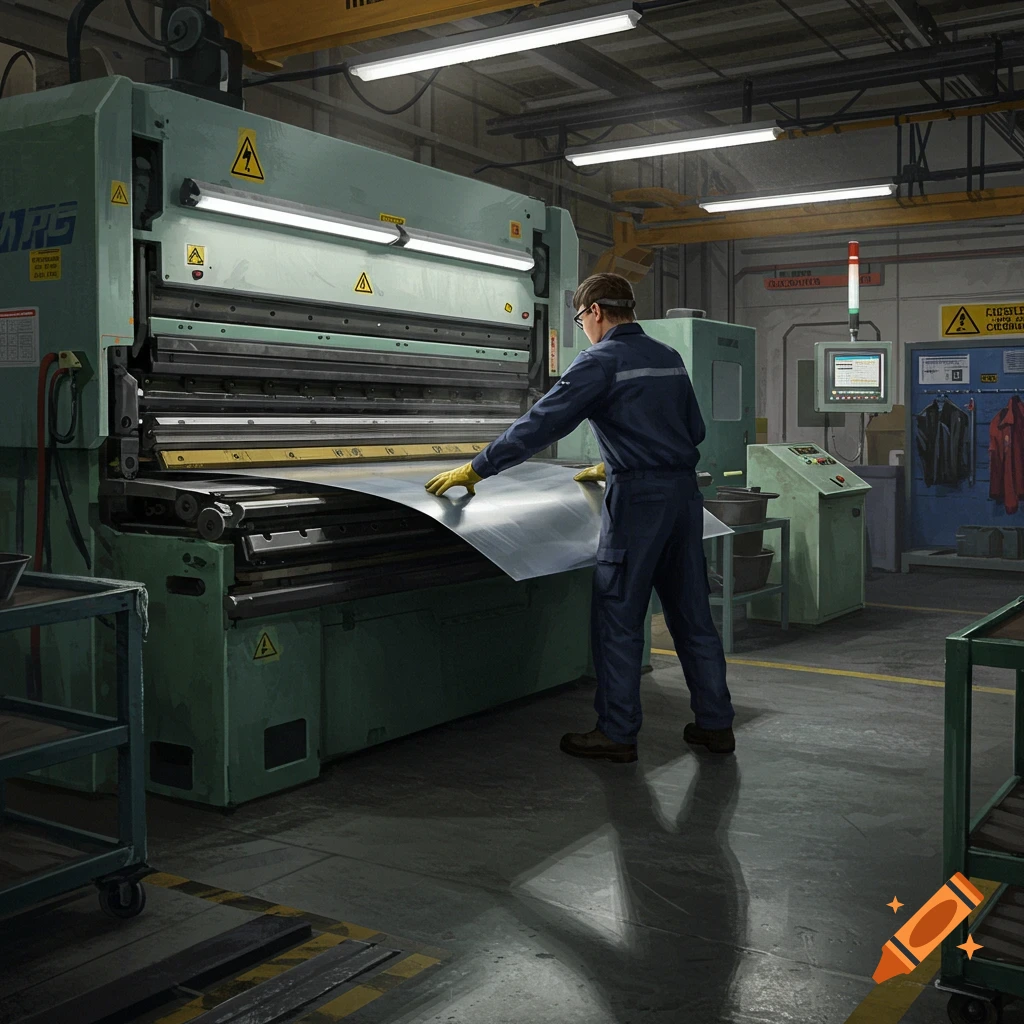 A person in a blue uniform and yellow gloves operates a large green industrial bending machine in a factory setting.
