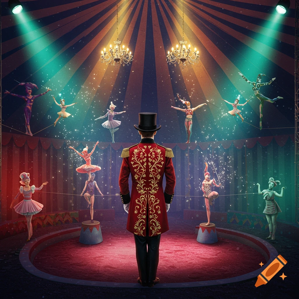 A ringmaster in a red coat watches various performers in a vibrant circus tent under spotlights and chandeliers.