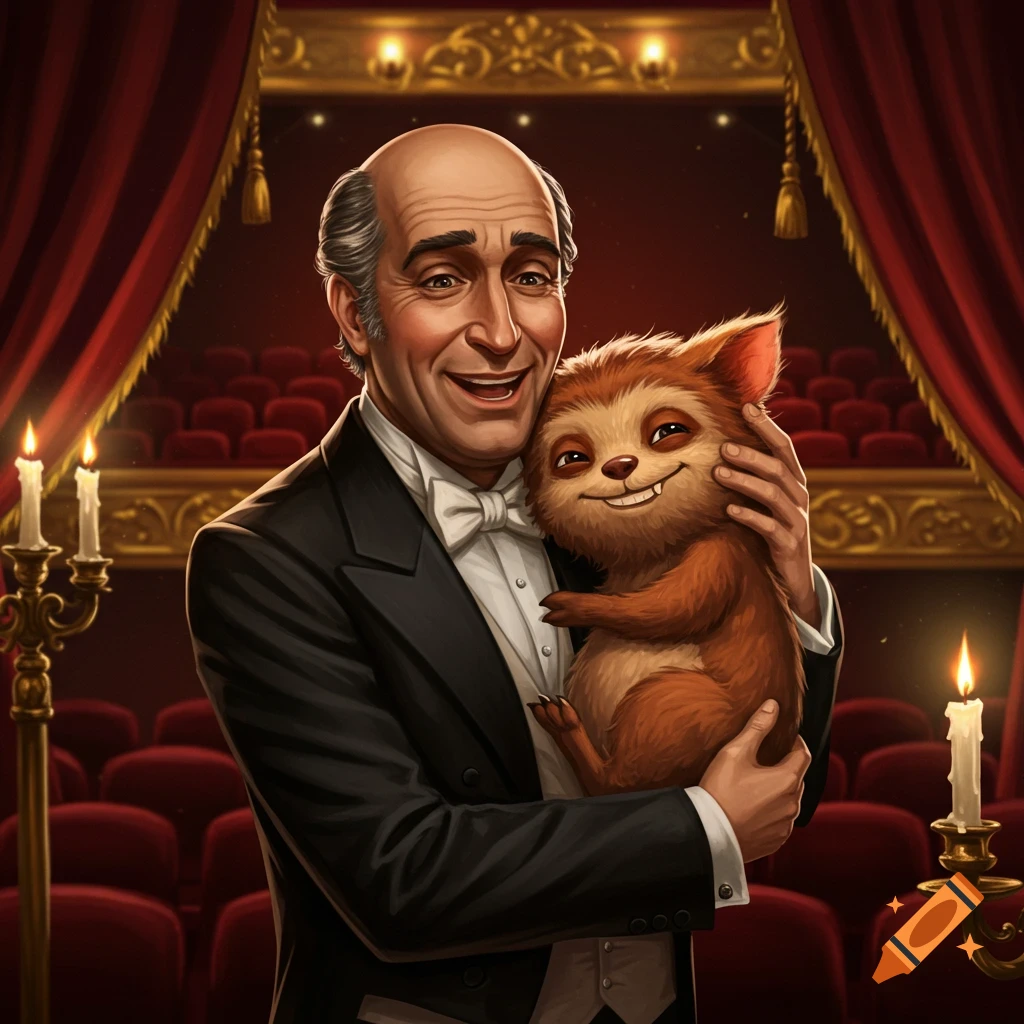 Illustrated portrait of a smiling opera singer in a tuxedo cuddling a furry, brown fantasy creature, in a theater setting.