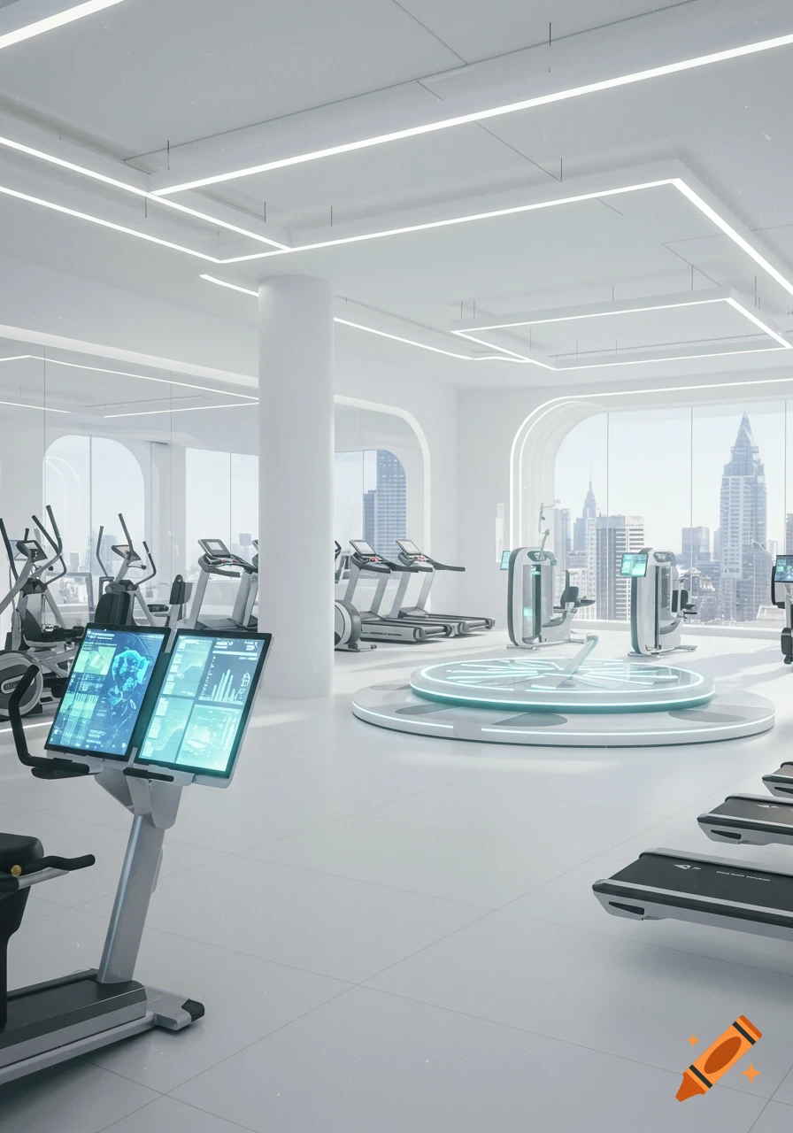 A spacious, bright futuristic gym with white walls, large windows ...