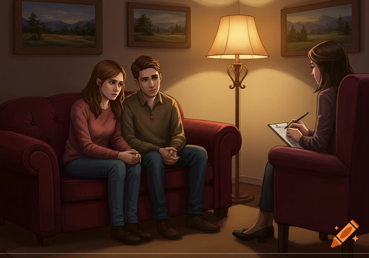 An illustration of a concerned couple sitting on a red sofa, facing a female therapist who is taking notes on a clipboard.