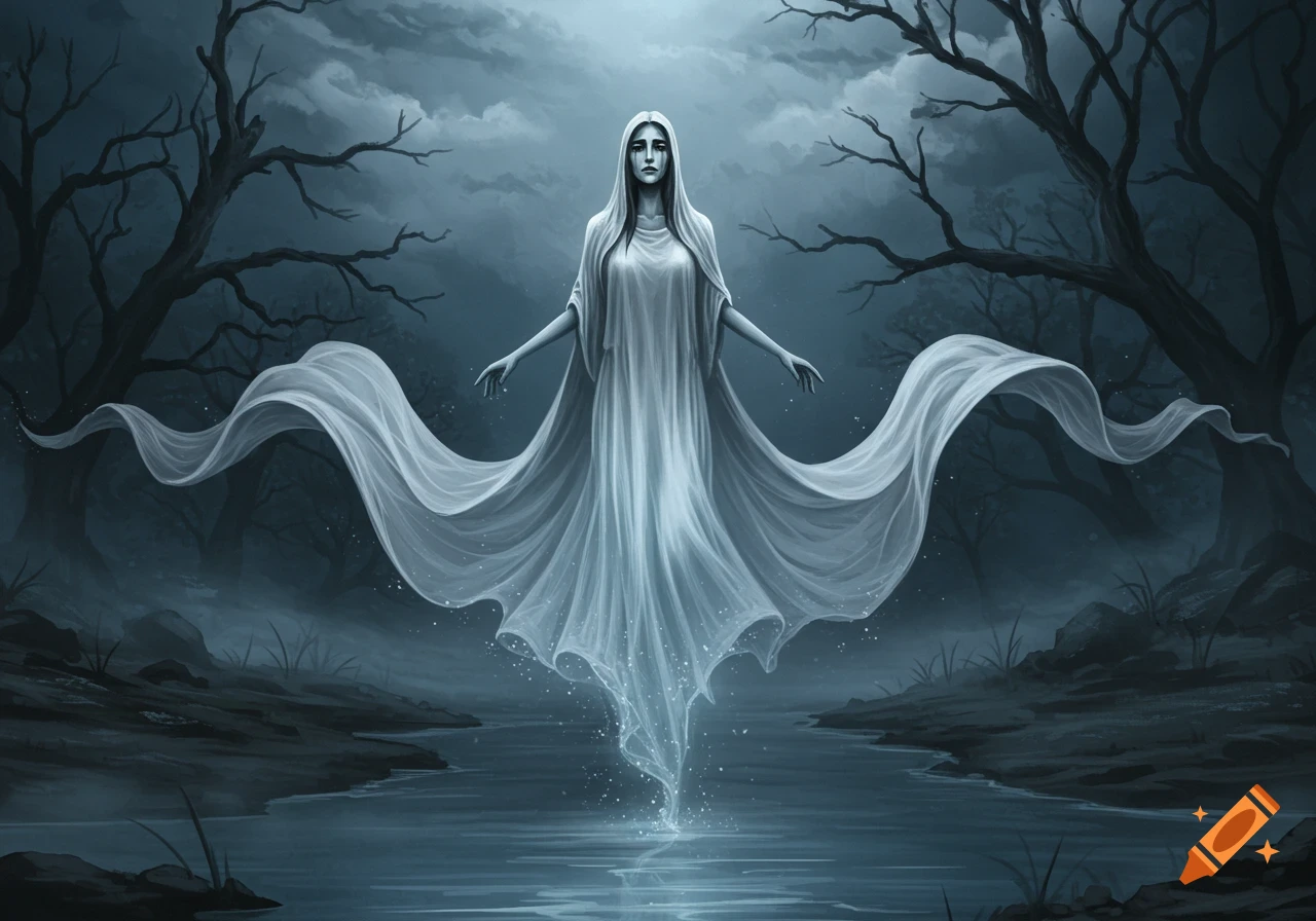 A ghostly woman in a flowing white gown floats over dark water in a misty, moonlit forest, a sorrowful expression on her face.