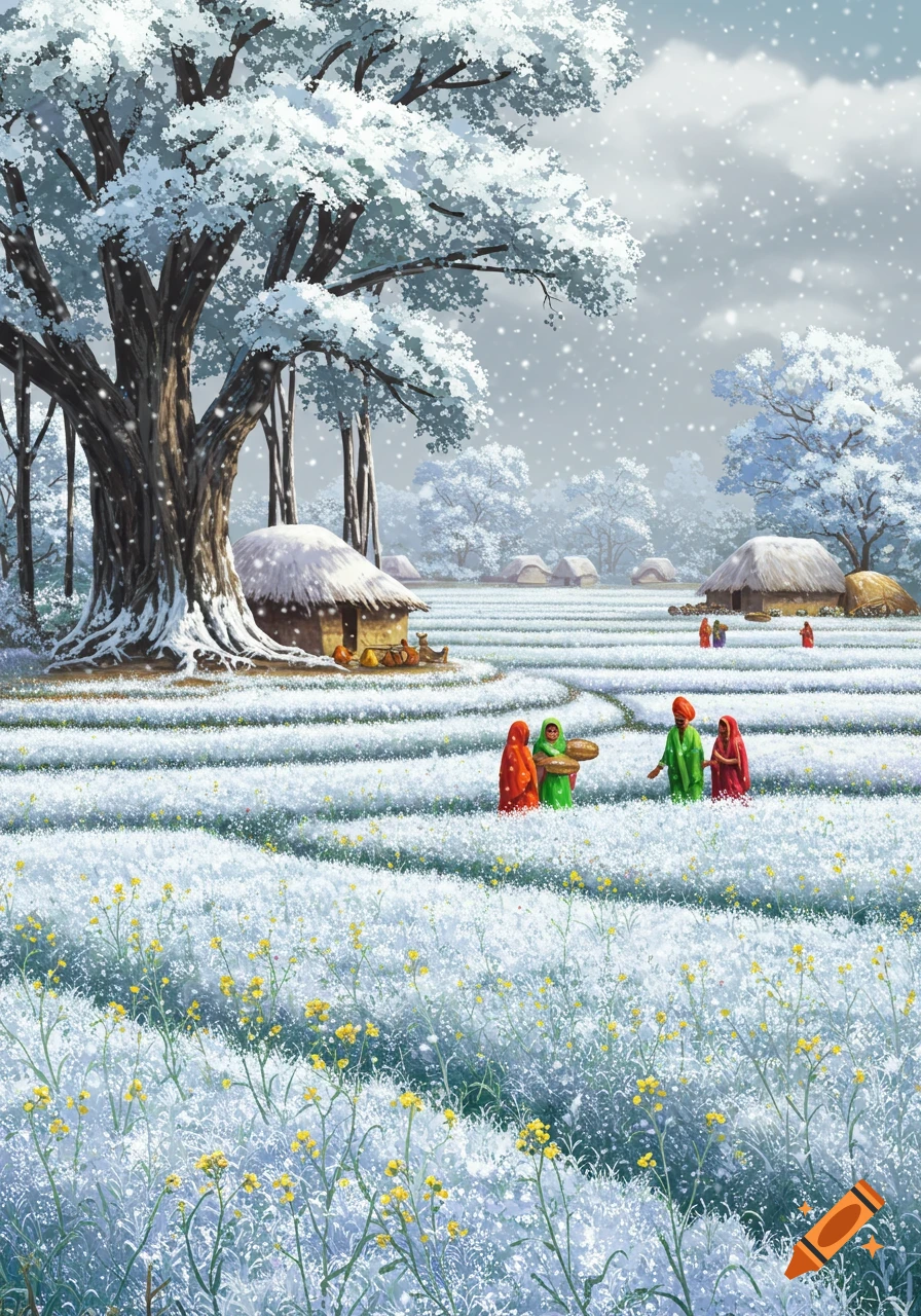 A snow-covered rural landscape with traditional huts and villagers in colorful attire walking through snowy fields under a grey sky.