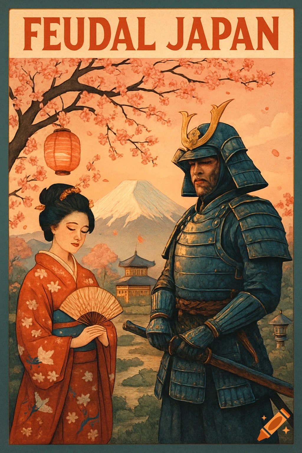 A retro-style poster depicting a samurai and a woman in kimono with Mt. Fuji and cherry blossoms, titled 'FEUDAL JAPAN'.