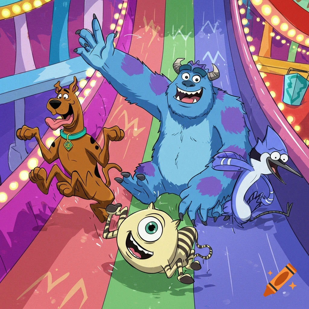 Scooby Doo, Sully, a Mike Wazowski-like creature, and Mordecai joyfully sliding down a colorful funhouse slide in a cartoon style.
