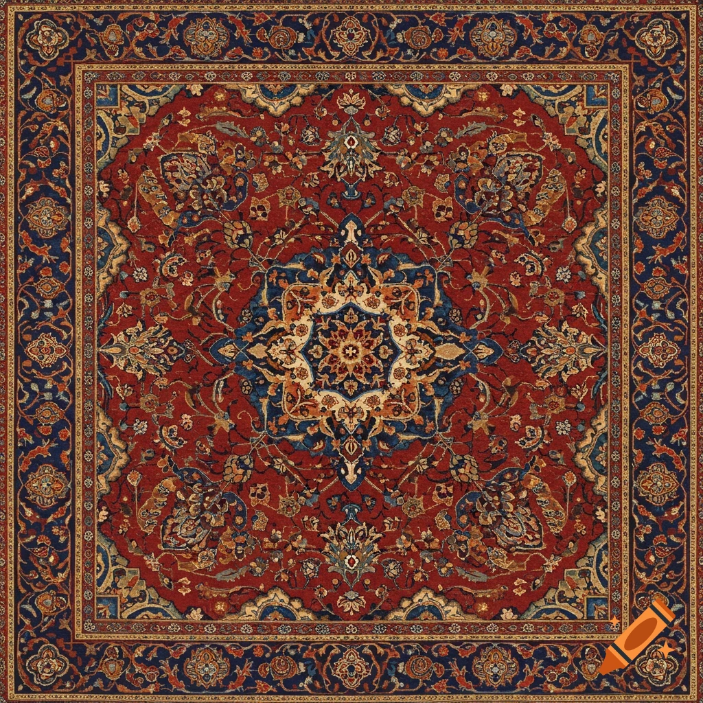 A highly detailed, symmetrical Persian carpet with deep red and blue floral and arabesque motifs in a traditional Iranian art style.