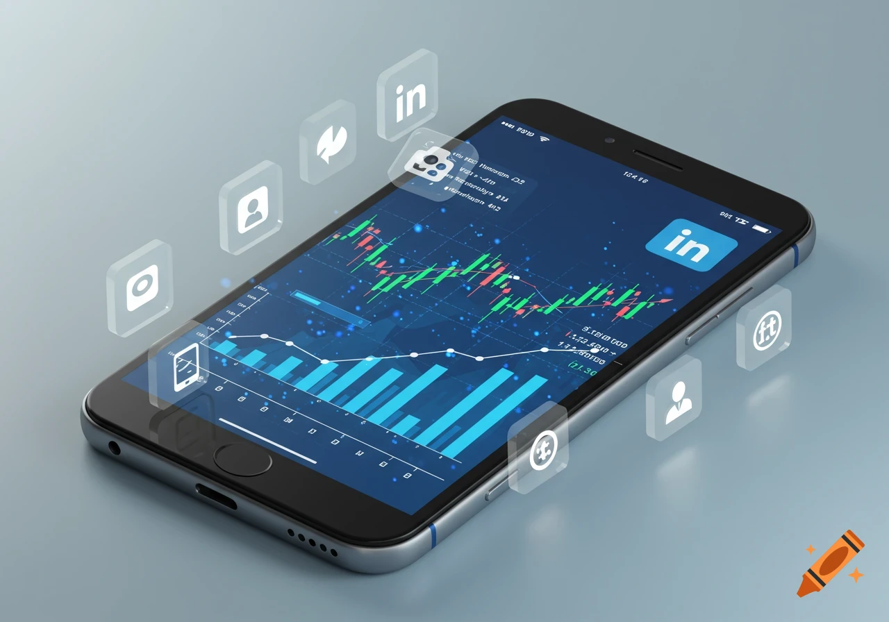A smartphone displays investment graphs and the LinkedIn logo, surrounded by floating social media app icons.