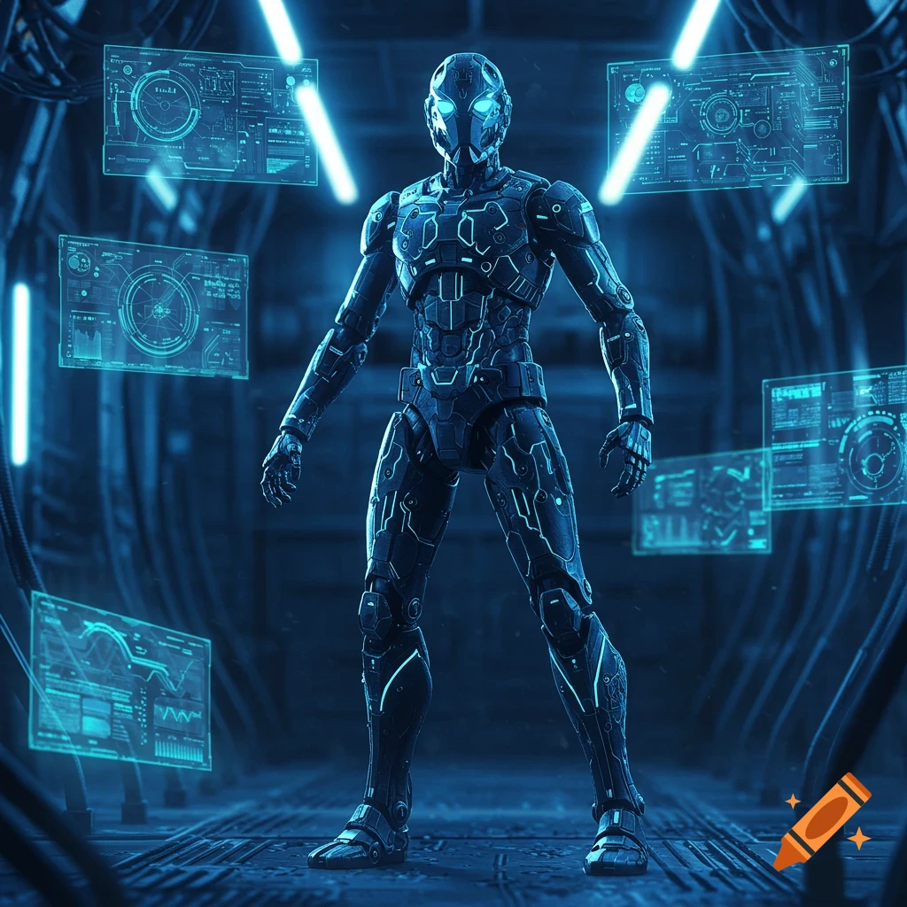 A dark blue futuristic robot or action figure with glowing accents stands in a sci-fi chamber surrounded by holographic displays.