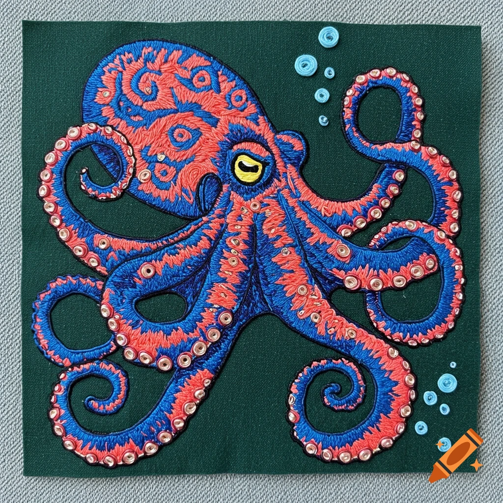 A vibrant red and blue embroidered octopus patch with raised textures and gold accents on a dark green fabric.