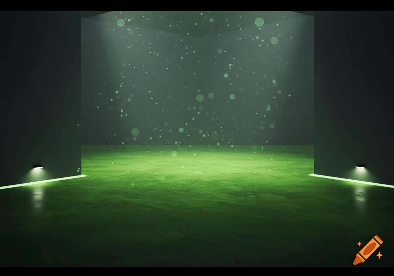 A dark green room with a textured lime green floor. Green particles float in the air, and neon green light strips illuminate the floor corners.