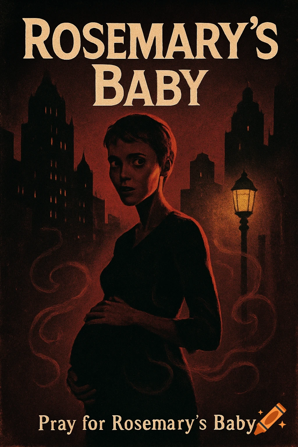 A vintage horror movie poster for "Rosemary's Baby" depicts a pregnant woman with a worried expression against a red cityscape.