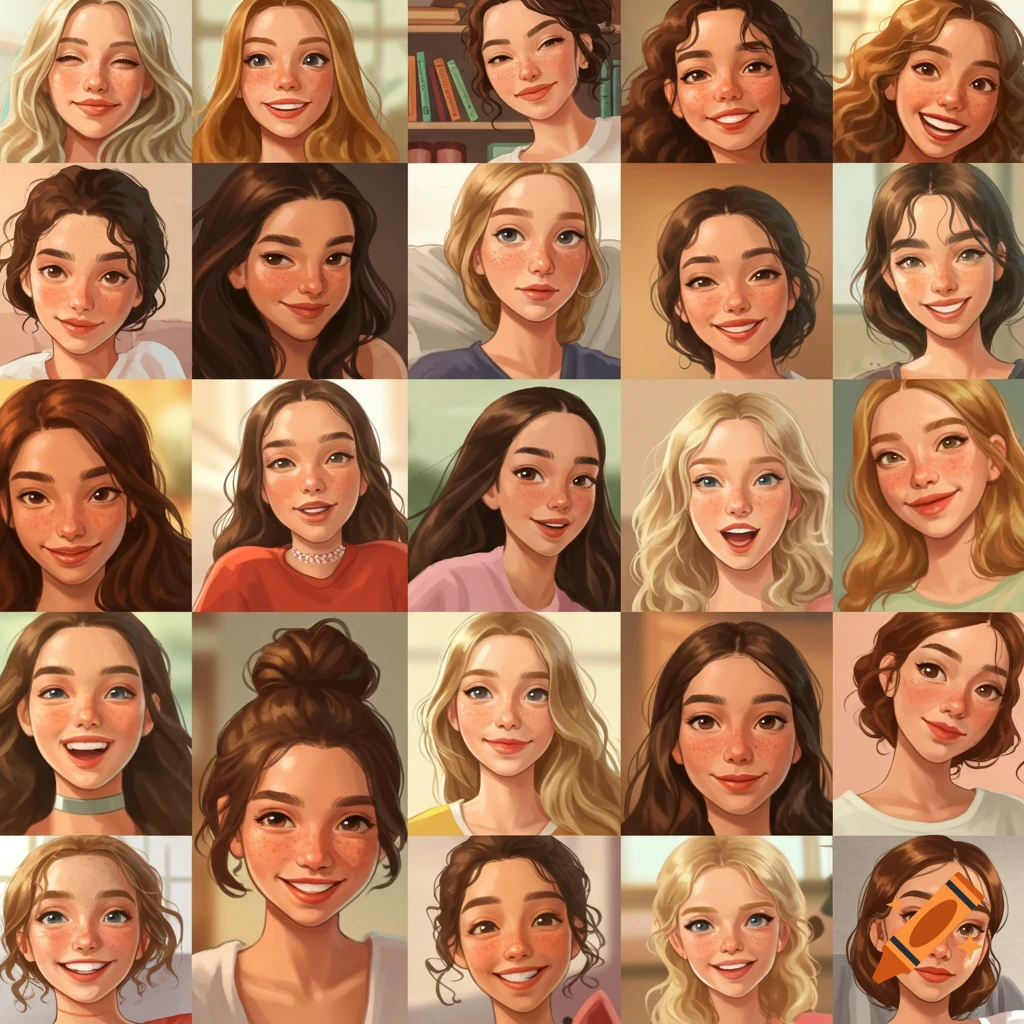 A grid of 25 unique, cheerful cartoon portraits of young women with freckles, various hair colors, and smiles.