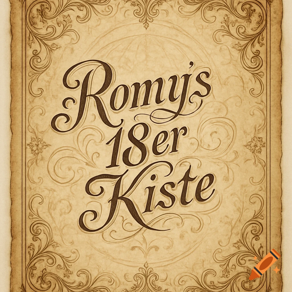Vintage parchment-style label with ornate border, featuring the text 'Romy's 18er Kiste' in a script font.